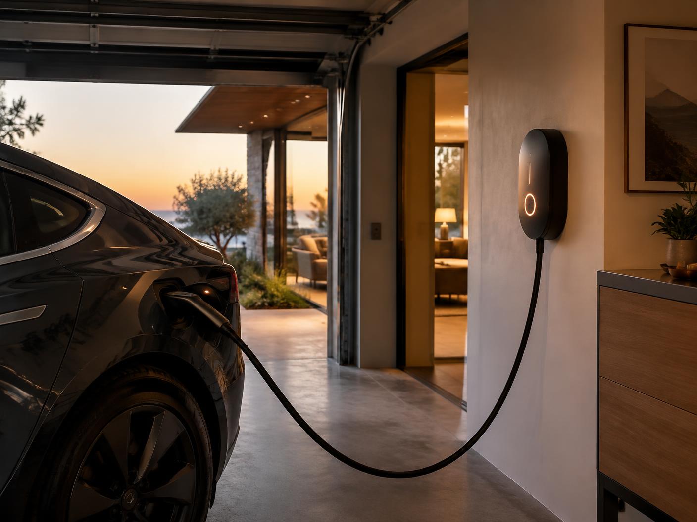 Electric vehicle plugged into a wall-mounted Level 2 home charger in a garage